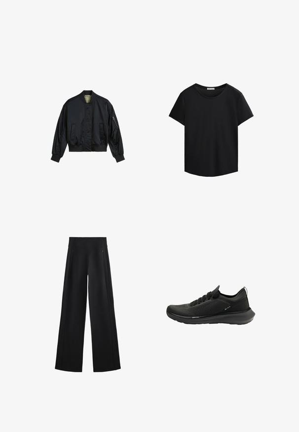 Crna bomber jakna od glatkog najlona. Ima visoki ovratnik, rebraste rukave i rub, dva prednja džepa i džep s patentnim zatvaračem na rukavu.; Crna majica kratkih rukava s okruglim izrezom i perforiranim mrežastim detaljima na ramenima. Glatka tkanina, opušteni kroj, zakrivljeni rub.; Široke crne hlače od meke tkanine, sa visokim strukom i dva džepa sa patentnim zatvaračima, uz to imaju suptilne šavove duž bočnih strana.; Crna sportska cipela s teksturiranim gornjim dijelom od mrežice, zakrivljenim potplatom i minimalističkim dizajnom s vezicama za vezanje i suptilnim logotipom.
