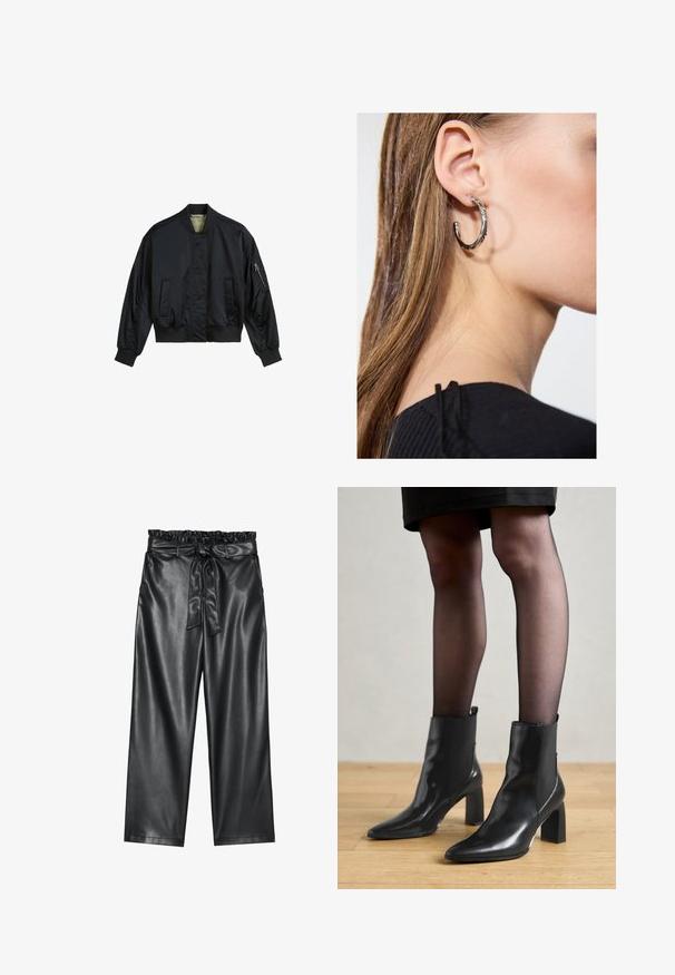 Black bomber jacket made of smooth nylon. Features a high collar, ribbed cuffs and hem, two front pockets, and a zippered sleeve pocket.; Black tank top made from soft, stretchy fabric. Features a round neckline and wide shoulder straps, with a fitted silhouette and smooth texture.; Black faux leather wide-leg pants with an elasticated, ruffled waistband, and a detachable tie belt. Smooth texture and minimal sheen.; Black leather ankle boots with a pointed toe, chunky square heel, and sleek design. Features elastic side panels for easy wear.; Silver hoop earring with a polished finish, featuring small gold accent details and a round shape, worn on the lobe.