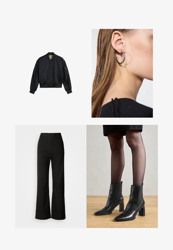 Crna bomber jakna od glatkog najlona. Ima visoki ovratnik, rebraste rukave i rub, dva prednja džepa i džep s patentnim zatvaračem na rukavu.; Crna majica bez rukava od mekog, rastezljivog materijala. Ima okrugli izrez i široke naramenice, s prilagođenim krojem i glatkom teksturom.; Crne široke hlače s glatkom teksturom, visokim strukom i jednostavnim dizajnom. Bez vidljivih džepova ili ukrasa.; Crne kožne gležnjače s šiljastim vrhom, robusnim četvrtastim potplatom i elegantnim dizajnom. Imaju elastične bočne panele za jednostavno oblačenje.; Srebrna kružna naušnica s poliranim završetkom, koja ima male zlatne detalje i okrugli oblik, nošena na uhu.