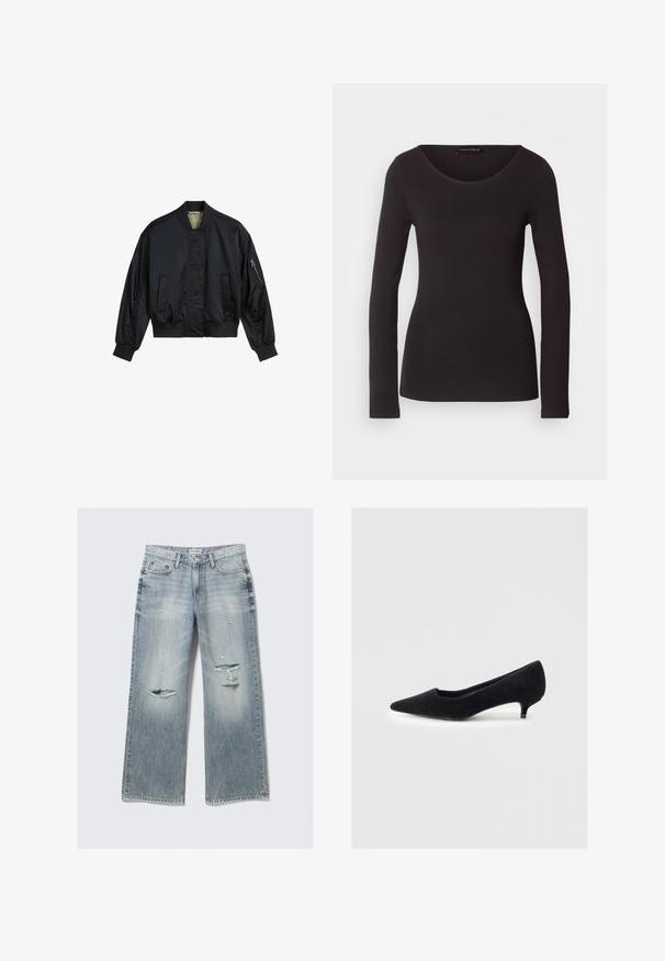 Jachetă bomber neagră din nylon neted. Dispune de un guler înalt, manșete și tiv ribbate, două buzunare frontale și un buzunar cu fermoar pe mânecă.; Top negru cu mânecă lungă, confecționat dintr-un material neted, cu decolteu rotund și siluetă ajustată; nu are modele sau accente.; Jeans din denim bleu deschis, cu picioare largi, detalii distruse, margini desfăcute și un finisaj estompat. Prezintă buzunare frontale și un talie clasică.; Pantofii negri cu vârf ascuțit, realizați dintr-un material textil moale, cu o finisare texturată și un toc scurt, subțire. Design simplu, fără embellishments.