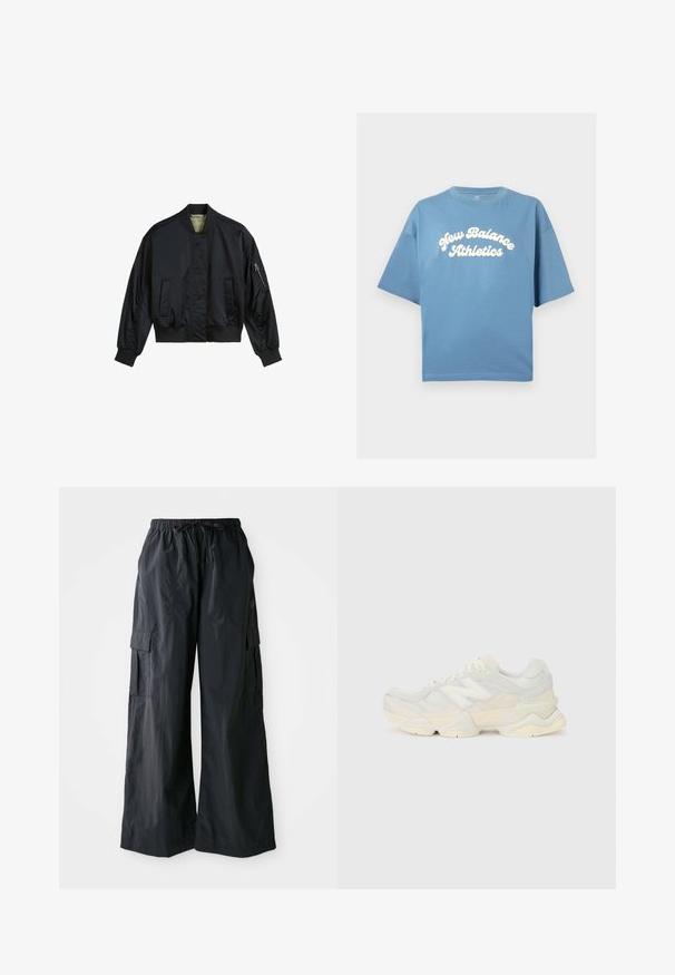 Melns bumbvedēju džimis, izgatavots no gludas nailona. Tam ir augsts apkakle, ribotas aproces un apakša, divas priekšējās kabatas un kabata uz piedurknes ar rāvējslēdzēju.; Zila kokvilnas T-krekls ar brīvu piegriezumu, ar īsām piedurknēm un apaļu kakla izgriezumu. Centrāli drukāts balts "New Balance Athletics" logo.; Melnas kravas bikses, kas izgatavotas no viegla auduma, ar platām kājām, elastīgu jostu un vairākām sānu kabatām. Vienkāršas un funkcionālas.; Vieglas sporta apavus ar sieta un zamšādas augšdaļu maigos krēma tonī, ar masīvu zoli un trīsdimensionāliem akcentiem.