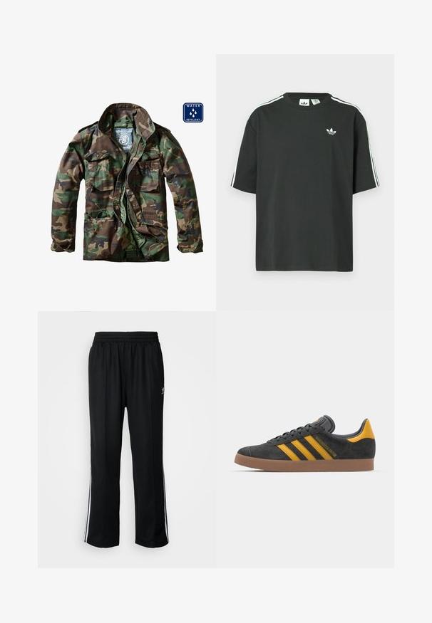 Kamuflasjejakke i nyanser av grønn og brun, med glidelås foran, to brystlommer og vannavstøtende materiale.; Svart t-skjorte i bomull med korte ermer, rund hals og hvite trestripesdetaljer på skuldrene. Har en liten hvit logo på brystet.; Sorte treningsbukser med elastisk midjebånd, med hvite sidestiper og en liten logo. Materialet ser mykt og lett ut.; Sort skinnesko i svart semsket skinn med gule detaljer, med tre striper og en brun gummisåle. Inkluderer en polstret tunge for komfort.