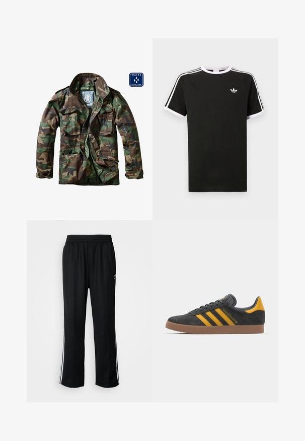 Jakna s kamuflažnim vzorcem v odtenkih zelene in rjave, z zadrgo spredaj, dvema prsnikoma in vodoodporno tkanino.; Črna majica s kratkimi rokavi, izdelana iz bombaža, s belimi detajli. Ima raglan kroj in majhen logo na prsih. Tri bele črte na ramenih.; Črne atletske hlače z elastičnim pasom, ki imajo bele stranske črte in majhen logo. Material izgleda mehak in lahek.; Črne semiš tene z rumenimi akcenti, ki vsebujejo tri trakove in rjavo gumo podplat. Vključujejo oblazinjeno jezik za udobje.