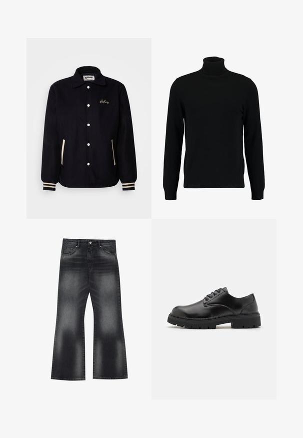 Granatowa polarowa kurtka z kołnierzykiem, białymi zatrzaskami, kremowymi akcentami na kieszeniach i paskowanymi mankietami. Zawiera haftowane logo na piersi.; Czarny sweter z golfem, wykonany z miękkiego, dzianinowego materiału. Posiada długie rękawy, prążkowany kołnierz i dół. Prosty, elegancki design bez wzorów.; Czarne dżinsy dzwonowe z przecieranym wykończeniem, pięcioma kieszeniami i kontrastowym ściegem, z lekko szerokim otworem nogawki.; Czarne skórzane buty z zaokrąglonym czubkiem, na sznurówki, z grubą, teksturowaną gumową podeszwą. Cecha to przeszycia wzdłuż krawędzi oraz gładkie wykończenie.
