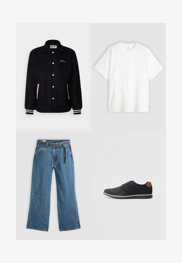 Giacca in pile blu navy con colletto, bottoni a pressione bianchi, dettagli della tasca color crema e polsini a righe. Presenta un logo ricamato sul petto.; T-shirt bianco a maniche corte in cotone con collo rotondo. Presenta un discreto dettaglio logo in rilievo sulla parte frontale e un'etichetta rossa sull'orlo.; Jeans in denim blu con gamba larga, cintura attaccata, tasche laterali e cuciture visibili su uno sfondo chiaro e uniforme.; Scarpe sintetiche nere con tomaia testurizzata, dettagli lisci, tacco marrone e suola a contrasto. Presentano una lacerazione minimale e dettagli di cucitura.