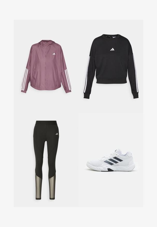 adidas Performance RDY HYPERGLAM - Tuulitakki - shadow fig/white; Musta huppari pitkillä hihoilla, pyöreällä kauluksella, valkoinen Adidas-logo rinnassa ja valkoiset raidat hihoissa. Pehmeä tuntuma.; Mustat urheilulegginsit, joissa on korkea vyötärö, verkko-osat alaraajoissa ja brodeerattu logo lantion kohdalla.; Valkoiset urheilukengät, joissa on verkkomateriaali päällisessä, kolme mustaa raitaa sivussa, teksturoidut yksityiskohdat ja kestävä kumipohja, jossa on kontrastina musta osa.