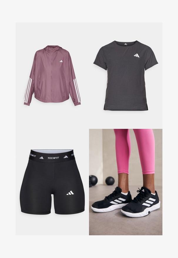 adidas Performance RDY HYPERGLAM - Corta-vento - shadow fig/white; T-shirt atlético de mangas curtas, cinza escuro com textura perfurada. Apresenta um logo branco e riscas laterais contrastantes. Decote arredondado.; Calções pretos feitos de um tecido elástico com um design ajustado. Apresentam uma ampla faixa na cintura preta rotulada como "TECHFIT" e um logótipo branco na perna.; Sapatos de treino pretos com riscas brancas, parte superior em malha texturizada e sola branca. Usados com leggings cor-de-rosa, destacando roupa de treino.