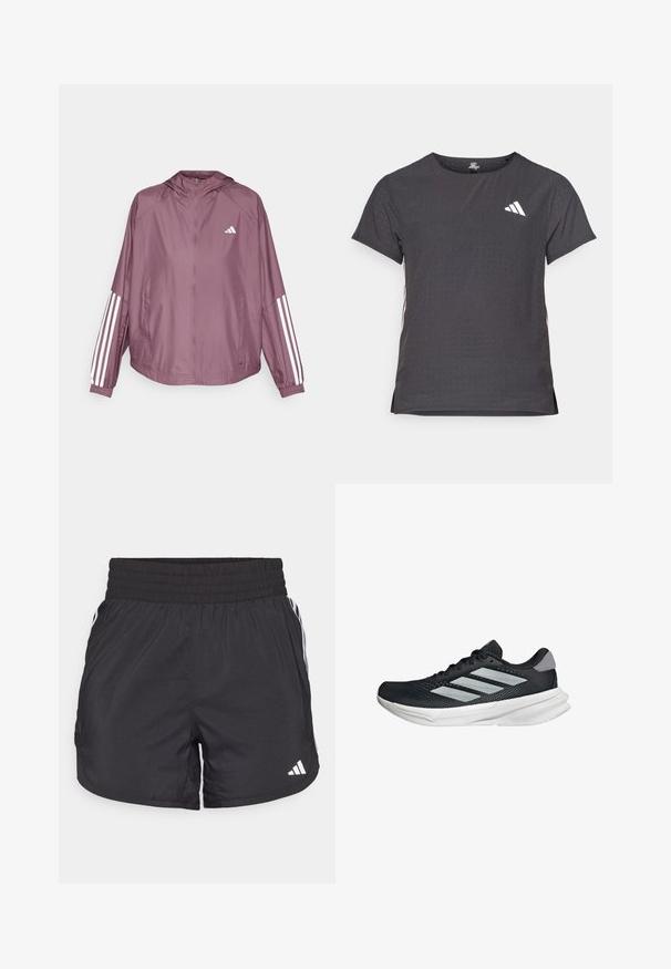 adidas Performance RDY HYPERGLAM  - Veste coupe-vent - shadow fig/white; T-shirt de sport à manches courtes, gris foncé avec une texture perforée. Présente un logo blanc et des rayures latérales contrastantes. Encolure arrondie.; Shorts de sport noirs avec une taille élastique, des poches latérales et des accents de rayures blanches sur les côtés. Fabriqués en matériau léger.; Baskets de course noires avec tige en mesh, trois rayures argentées, semelle intermédiaire blanche et semelle extérieure texturée. Comprend un col rembourré et un système de laçage.