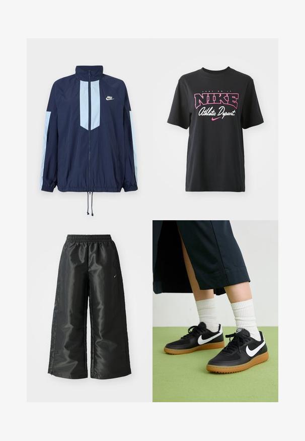 Námořnická větrovka s světle modrými akcenty, vysokým límcem, plným zipem a elastickými manžetami. Logo Nike je umístěno na hrudi.; Černé bavlněné tričko s grafickým potiskem v růžové a bílé barvě, se sloganem "JUST DO IT", "NIKE" a "Athletic Depart." Standardní střih.; Černé sportovní kalhoty z lesklé, hladké látky, s elastickým páskem, širokými nohavicemi a malým logem na levé straně.; Černé kožené a syntetické tenisky s bílým logem Nike, gumovou podrážkou, kulatou špičkou a černými tkaničkami. Viditelné žebrované bílé ponožky.
