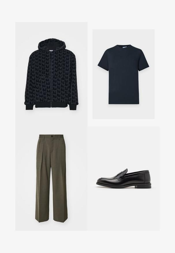 Hooded jacket in black, made of soft, textured fabric with a repeating pattern. Features a full front zipper and elasticized cuffs and hem.; Navy blue cotton T-shirt, short sleeves, crew neckline, features a textured logo design across the chest in a lighter shade.; Filippa K WIDE TROUSERS - Trousers - driftwood; Black leather loafers with a smooth texture, rounded toe, and a decorative strap across the vamp. Low stacked heel, minimalist design.