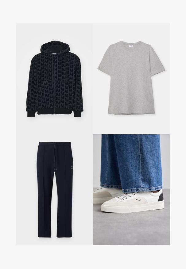 Hooded jacket in black, made of soft, textured fabric with a repeating pattern. Features a full front zipper and elasticized cuffs and hem.; Gray short-sleeve T-shirt made from soft, textured fabric. Features a classic crew neck and a straight hem, suitable for casual wear.; Navy pants with a relaxed fit, featuring a drawstring waist and side pockets. Smooth fabric with subtle front pleats and logo detail.; White and black sneakers with a smooth leather upper, textured accents, and a chunky white sole. Features a classic lace-up design.