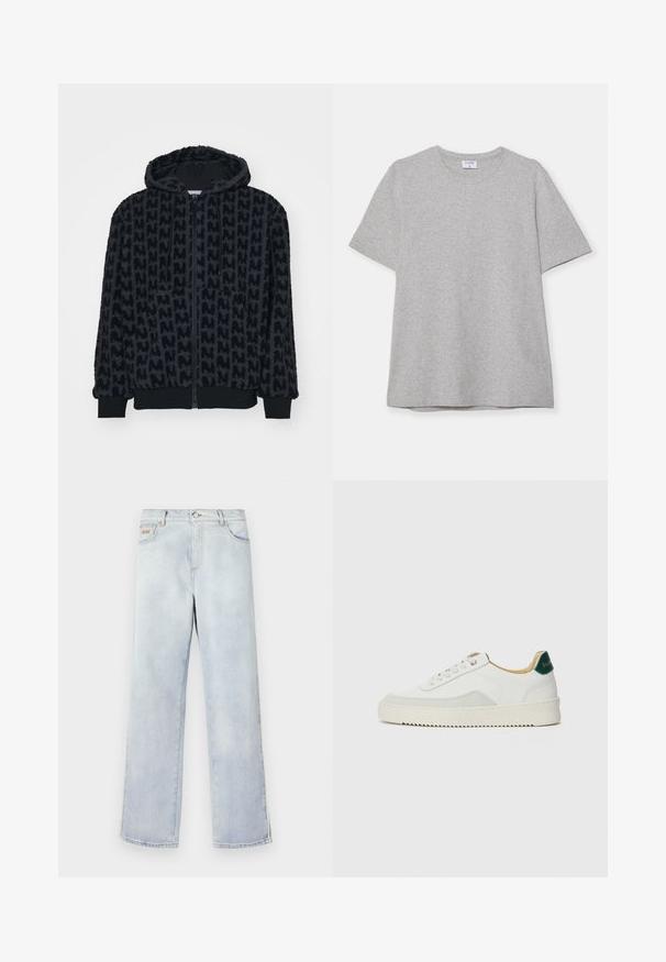 Schwarze Kapuzenjacke aus weichem, strukturiertem Stoff mit einem sich wiederholenden Muster. Sie verfügt über einen durchgehenden Reißverschluss an der Vorderseite sowie elastische Bündchen und einen elastischen Saum.; Graues T-Shirt mit kurzen Ärmeln aus weichem, strukturiertem Stoff. Verfügt über einen klassischen Rundhalsausschnitt und einen geraden Saum, geeignet für legere Trageanlässe.; Hellblaue Jeans aus Denim mit geradem Bein, ausgestattet mit einem Knopfverschluss, fünf Taschen und Kontrastnähten.; Weiße Sneaker mit Wildlederelementen, runder Zehenpartie, flachen Schnürsenkeln und einer cremefarbenen Gummisohle. Mit grünen Markenlogo am Fersenbereich.