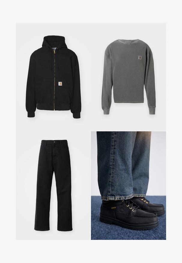 Czarna bluzka z kapturem na zamek, wykonana z mieszanki bawełny. Posiada złoty zamek błyskawiczny, regulowany kaptur, kieszeń typu kangur oraz małą metkę z logo z przodu.; Szary longsleeve z okrągłym dekoltem, wykonany z materiału o prążkowanej teksturze, z małą kwadratową naszywką z logo na lewej piersi oraz prążkowanymi mankietami.; Czarne dżinsy o prostym kroju, z przednimi kieszeniami, zamkiem błyskawicznym i pojedynczym guzikem z przodu. Teksturowana tkanina o matowym wykończeniu.; Czarne skórzane buty z złotymi oczkami i teksturowanym wykończeniem, w połączeniu z niebieskimi dżinsami. Buty mają warstwową podeszwę i szczegóły z logotypem.