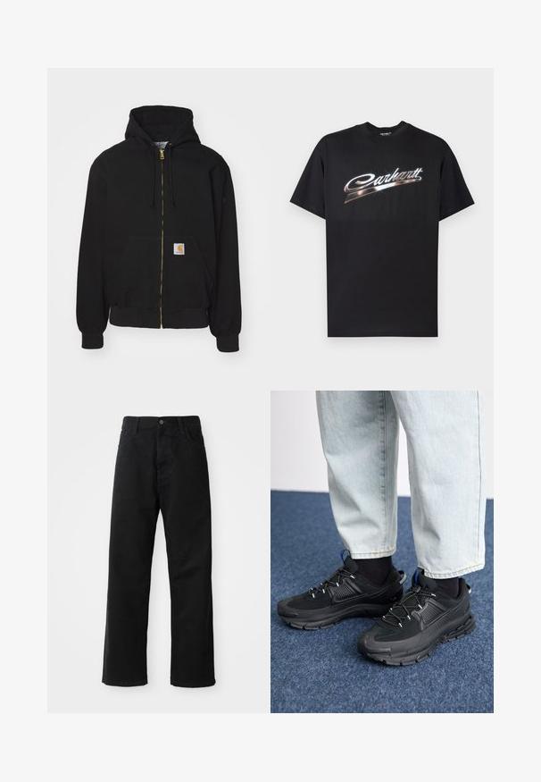 Black zip-up hoodie made of cotton blend. Features a gold zipper, drawstring hood, pouch pocket, and a small logo label on the front.; Black cotton t-shirt featuring a glossy "Carhartt" logo in stylized silver lettering across the chest, short sleeves, and crew neck.; Black denim pants with a straight cut, featuring front pockets, a zip fly, and a single top button. Textured fabric with a matte finish.; Black athletic shoes with textured fabric and rubber soles, featuring elastic laces and a blue accent on the heel. Worn with light denim pants.