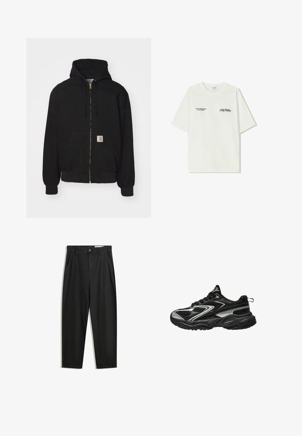 Black zip-up hoodie made of cotton blend. Features a gold zipper, drawstring hood, pouch pocket, and a small logo label on the front.; White cotton t-shirt with short sleeves. Front features black text: “NOT TOMORROW NOT TODAY” and “THE ART OF DIRT NOVING” in green script.; Black cotton trousers with a relaxed fit, featuring a classic waistband, front pleats, and side pockets. Smooth texture without patterns.; Black and silver athletic sneaker with a textured mesh upper, sleek design, and cushioned sole. Features laces and a rear pull tab.