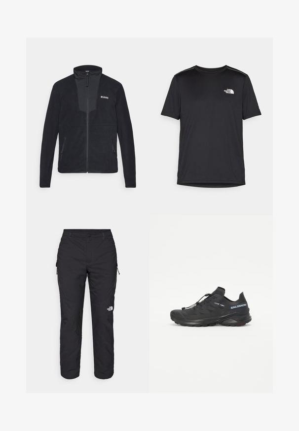 Black full-zip fleece jacket with stand collar, zippered side pockets, and white Columbia logo on left chest.; Black short-sleeve T-shirt made from lightweight fabric. Features a small white logo on the left chest and subtle shoulder accents.; The North Face WINTER EXPLORATION TAPERED CARGO - Outdoor trousers - black; Black trail running shoe with a textured upper, elastic laces, and Contagrip outsole. Features a snug fit and protective toe cap.