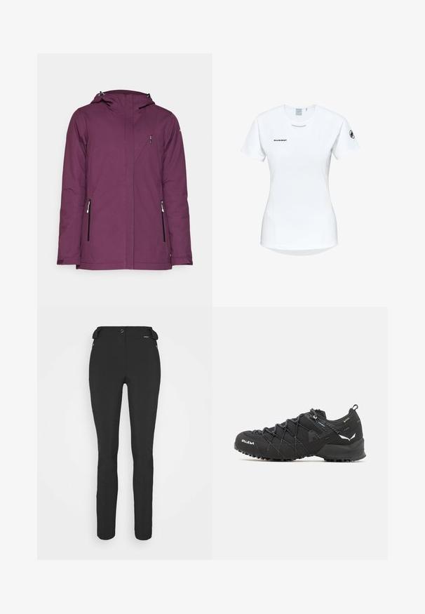 Purple waterproof jacket with a hood, zippered side pockets, and a sleek design. Features smooth texture and clean lines.; Short-sleeve white athletic shirt with a round neckline, featuring a logo on the chest and a smooth, lightweight fabric texture.; Black, fitted pants made from a flexible material. Features include a zippered side pocket, articulated knees, and a smooth texture.; Black hiking shoes with a textured fabric upper, lacing system, and rugged rubber sole. Accented with reflective details and logos.