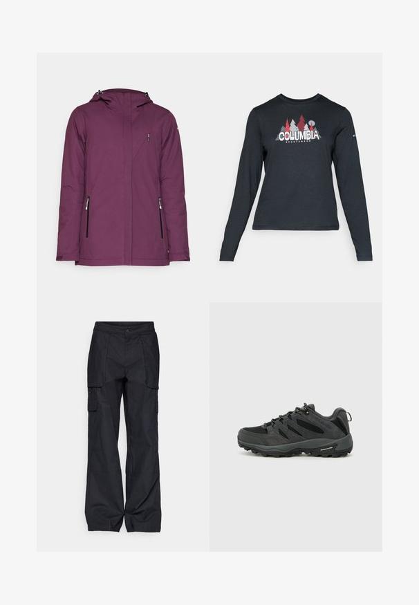 Purple waterproof jacket with a hood, zippered side pockets, and a sleek design. Features smooth texture and clean lines.; Long-sleeve dark gray shirt with a graphic of red trees and mountains; "COLUMBIA" logo in bold white text. Soft fabric, standard crew neck.; Columbia BREA FALLS™ COTTON RIPSTOP PANT - Outdoor trousers - black; Columbia REDMOND - Hiking shoes - black/citron haze