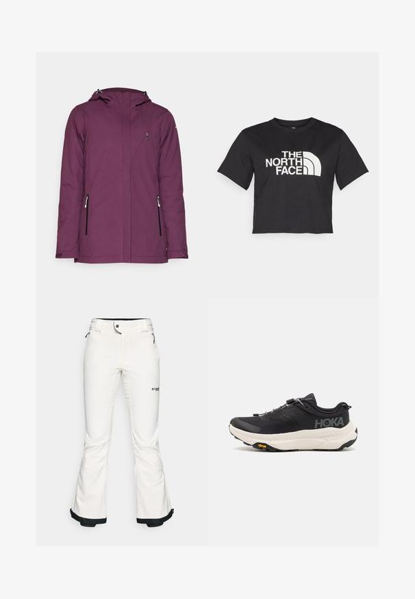 Lilla veekindel jope kapuutsiga, tõmblukkudega küljetaskud ja stiilne disain. Omab sujuvat tekstuuri ja puhast joonist.; Must must kleidend t-särk, millel on valge logo ja kõverad aktsendid, esiküljel tekst "THE NORTH FACE". Lühikesed varrukad, ümar kaelus.; Valged suusapüksid, mis on valmistatud pehmest ja paindlikust materjalist. Omavad vormitud talje, laiu flöödid ja musta äärist varrukatel. Brändi logo on nähtav.; Mustad mustadused spordijalatsid, millel on hingav võrkkangast pealmine osa, kummist välistald, valge pehmendusega vaheosa ja peegeldavad nöörid. Vibrami logo välistalla peal.