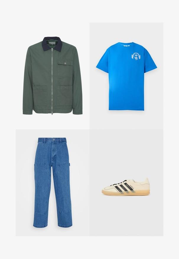 Grüne Zip-Jacke mit einem marineblauen Kragen, zwei Fronttaschen und einer Brusttasche. Hergestellt aus strukturiertem Stoff und mit minimalistischem Design.; Blaues Baumwoll-T-Shirt mit kurzen Ärmeln. Mit einem weißen Grafikdesign auf der Vorderseite, das eine Figur mit Kopfhörern und einem Bogen zeigt.; Blaue Jeans-Cargo-Hosen mit hoher Taille, weitem Bein und großen Fronttaschen. Mit Steppdetails und einem Knopfverschluss.; Helle Creme Sneaker mit schwarzem Drei-Streifen-Design, strukturiertem Obermaterial, runder Zehenpartie und Gummisohle. Verfügt über Schnürsenkel und Branding an der Seite.