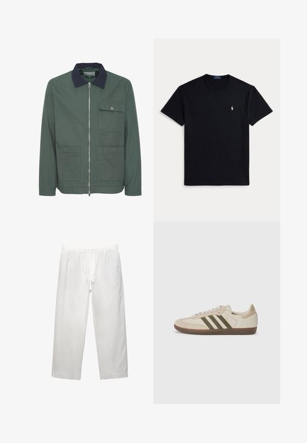 Vihreä vetoketjulli takki, jossa on tummansininen kaulus, kaksi etutaskua ja rintatasku. Valmistettu teksturoidusta kankaasta, minimalistinen muotoilu.; Musta puuvillainen t-paita, jossa pyöreä pääntie, lyhyet hihat ja vasemmassa rinnassa pieni kirjailtu logo. Sileä pinta.; Valkoiset pellava-housut, joissa on elastinen vyötärö ja naru, leveät lahkeet ja siistit saumat. Sileä pinta ja rento istuvuus.; adidas Originals SAMBA OG UNISEX - Matalavartiset tennarit - alumina/medium dark khaki/gum