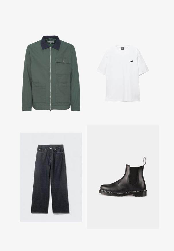 Zöld zipzáras dzseki tengerészkék gallérral, két elülső zsebbel és egy mellzsebbel. Texturált anyagból készült, minimalista dizájnnal.; Fehér pamut póló rövid ujjakkal, kerek nyakkal és egy kis fekete logóval a mellkasán. Simá szövet és laza fazon.; Sötét farmer széles szárú nadrág magas derékkal, réz színű szegecsekkel és kontrasztos varrással, sima tapintású, minta nélküli.; Fekete bőr Chelsea boots, elasztikus oldalsó panelekkel, lekerekített orral, húzófüllel, fehér varrással a talpon és texturált gumi talppal.