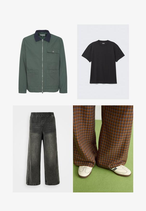 Roheline lukuga jope tumesinise kraega, kahe esipocketiga ja rinnae taskuga. Valmistatud tekstureeritud kangast, minimalistliku disainiga.; Must sõnumit särk lühikeste varrukate ja puuvillase kangaga. Omab ümarat kaelust ja lõdva istuvust. Lihtne disain, ilma mustrite või aktsentideta.; Mustmust värvi denim püksid elastse vöökoha ja laiade jalgadega, millel on külgedel peened vertikaalsed õmblusdetailid.; Pruunide ja siniste ruuduliste laiad püksid, mille juurde on kombineeritud valged kingad mustade aktsentidega ja tekstuursete taldadega, roheline taust.