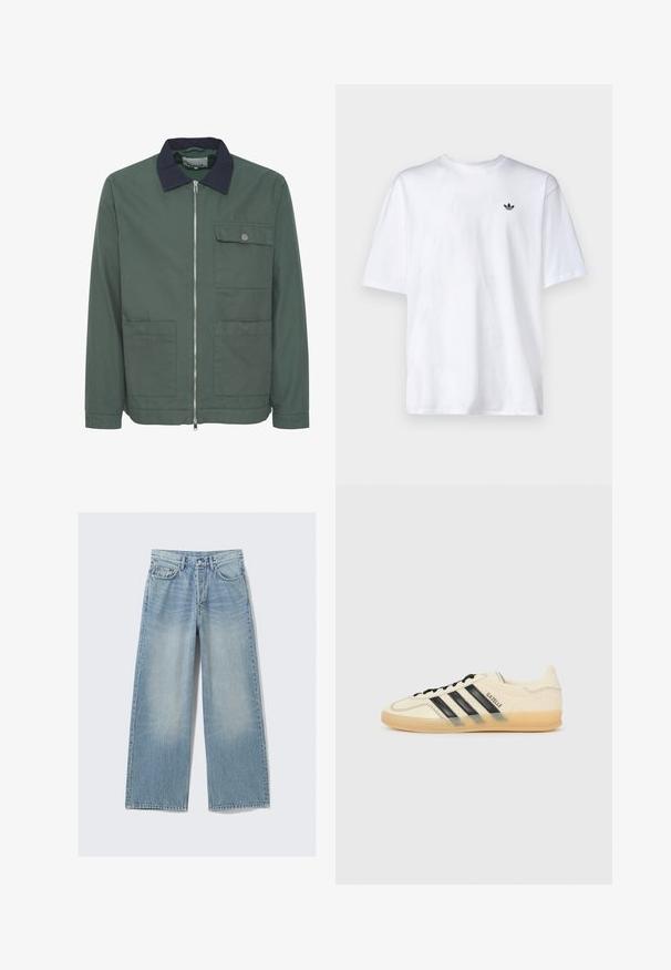 Grønn zip-up jakke med navy krage, to frontlommer og en brystlomme. Laget av teksturert stoff, med minimalistisk design.; Hvitt bomull t-skjorte med rund hals og korte ermer, med en liten svart Adidas-logo på brystet.; Lys blå vide denimjeans med en falmet vaske, fem lommer og metallnitter; rett silhuett med en ren kant.; Lys kremfarget sneaker med svart tre-stripes design, teksturert overdel, rund tå og gummisåle. Har snøring og merke på siden.