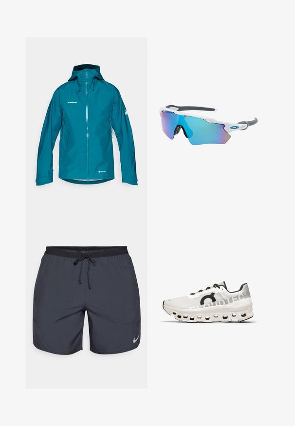 Teal Gore-Tex jope, millel on lukuga esikülg, reguleeritav kapuuts ja küljetaskud. Rinna- ja varruka peal on logo. Sile tekstuur.; Valge ilma varrukateta Nike jooksmise topp ümmarguse kaelusega, siledast materjalist, ning must Nike logo vasakul rinnal.; Nike jooksulühikesed tumedashallid, elastse vöökoha ja paelaga, ning hõbedane logoaktsent paremas allnurgas.; Valge jooksujalats, millel on võrkkiust pealne, mustad aktsendid, pehmendusega tald, millel on kuusnurksete avade mustrid, ja "CLOUDTEC" bränding.; Valged raamidega päikeseprillid, hallide aktsentidega ja siniste peegelprillidega. Sportlik disain, ümber keha kujundus ja reguleeritavad ninasillad.