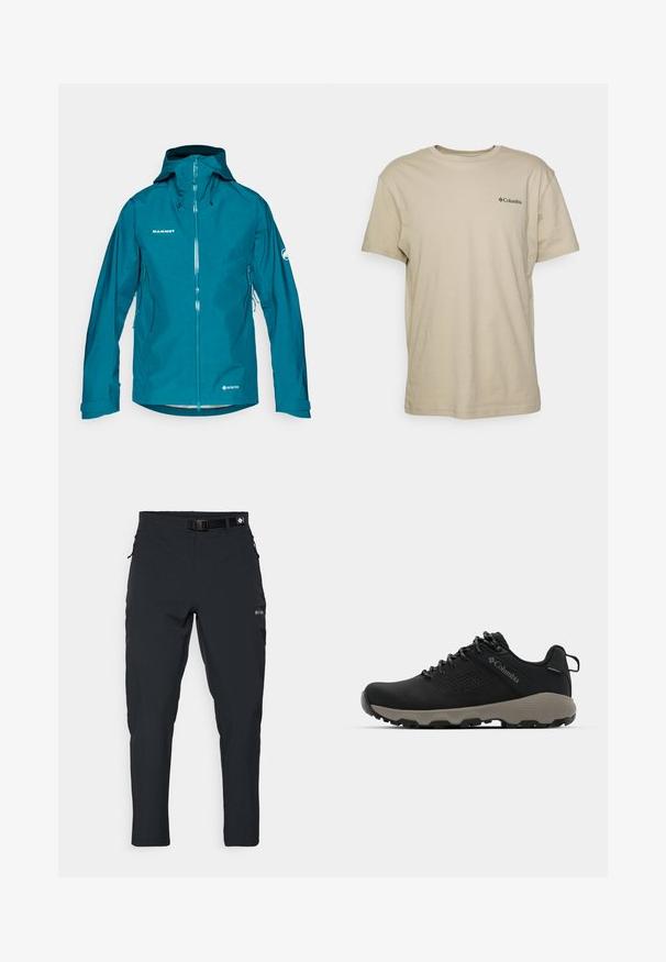 Tengerés színű Gore-Tex dzseki cipzáros elülső résszel, állítható kapucnival és oldalzsebekkel. A mellkason és az ujjon logó található. Sima textúra.; Beige pamut póló rövid ujjakra, kerek nyakkivágással, és egy kis fekete logóval a bal mellrészen. Simább textúra, laza dizájn.; Columbia ESSENTIAL HIKE™ PANT - Szabadtéri nadrágok - black; Fekete túrabakancs sima felsőrésszel, perforált dizájnnal, szürke talppal és megerősített sarkal. Fűzővel és húzószalaggal van ellátva a könnyű felvétel érdekében.