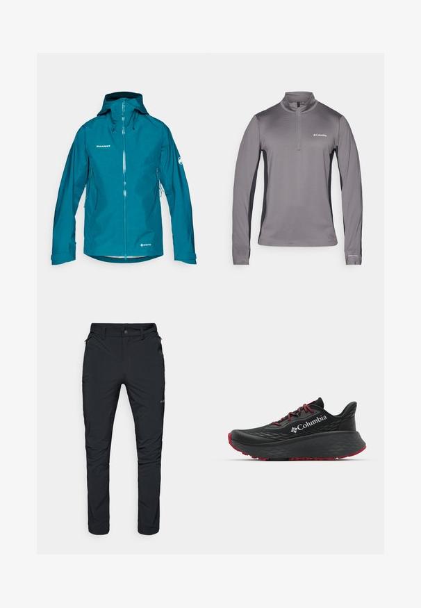 Turkizna Gore-Tex jakna z zadrgo spredaj, nastavljivo kapuco in stranskimi žepi. Ima logo na prsih in rokavu. Gladka tekstura.; Siv grey pulover s dolgimi rokavi in pol zadrgo, teksturirana tkanina, kontrastni črni bočni paneli in majhna oznaka na prsih.; Črne zunanje hlače s ravnim krojem, opremljene z žepi na zadrgo, zankami za pas in lahkotno, trpežno teksturo tkanine.; Črne atletske čevlje s teksturiranim zgornjim delom, rdečimi vezalkami in logotipom. Debel podplat s patternom za boljši oprijem. Minimalistična zasnova, stranski pogled.