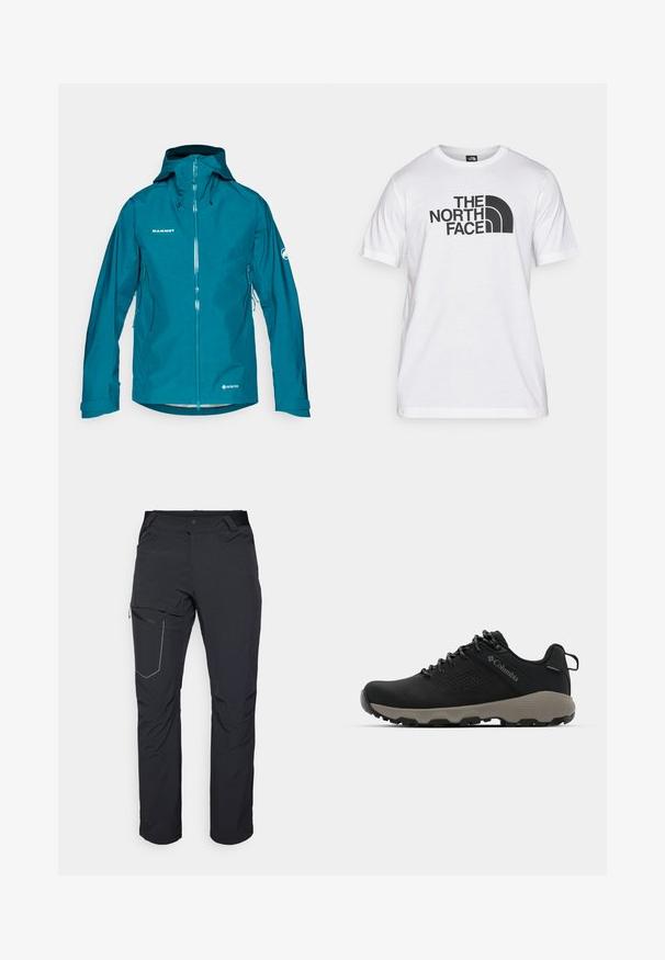 Zielona kurtka Gore-Tex z zamkiem z przodu, regulowanym kapturem i kieszeniami bocznymi. Posiada logo na klatce piersiowej i rękawie. Gładka struktura.; Biała bawełniana koszulka z czarnym nadrukiem graficznym, z tekstem i zakrzywionym logo. Okrągły dekolt i krótki rękaw. Gładka faktura.; Czarne spodnie outdoorowe z zamkiem błyskawicznym na udzie, elastycznym paskiem w talii oraz gładkim, wodoodpornym materiałem. Czysty design bez widocznych logo.; Czarne buty trekkingowe z gładką cholewką, perforowanym wzorem, szarym podeszwą oraz wzmocnionym obcasem. Wyposażone w sznurowadła oraz pętelkę umożliwiającą łatwe zakładanie.