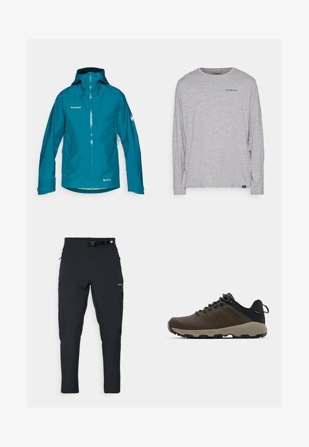 Mėlynas Gore-Tex švarkas su užtrauktuku priekyje, reguliuojama kapuce ir šoninėmis kišenėmis. Yra logotipas ant krūtinės ir rankovės. Lygus paviršius.; Šviesiai pilka ilgomis rankovėmis marškinėliai, pagaminti iš minkštos, tekstūruotos medžiagos. Yra apvalus kaklas ir mažas mėlynas "Patagonia" logotipas krūtinėje.; Columbia ESSENTIAL HIKE™ PANT - Lauko kelnės - black; Rudi nepralaidūs sportbačiai su tekstūruota viršutine dalimi, perforuotomis detalėmis, juodu kulno palaikymu ir pilku guminio padu. Šniūreliai yra dekoruoti metaliniais galais.