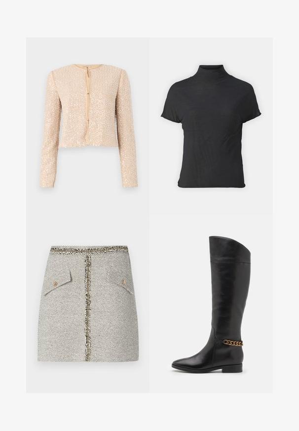 Beige cropped jack met lange mouwen, bedekt met pailletten, met een ronde halslijn en sluiting met knopen aan de voorkant. Glad binnenvoering.; Zwarte korte mouwen coltrui gemaakt van lichtgewicht stof met een gladde textuur en een getailleerde pasvorm, met een hoge halslijn.; Geweven tweed rok in een zwart-wit visgraatpatroon, met twee voorzakken en een gouden rits aan de achterkant met rafelige randen.; Hoge zwarte leren laarzen met een slank ontwerp, spitse neus en een gouden kettingaccent bij de enkel. Lage blokhak. Glad textuur.