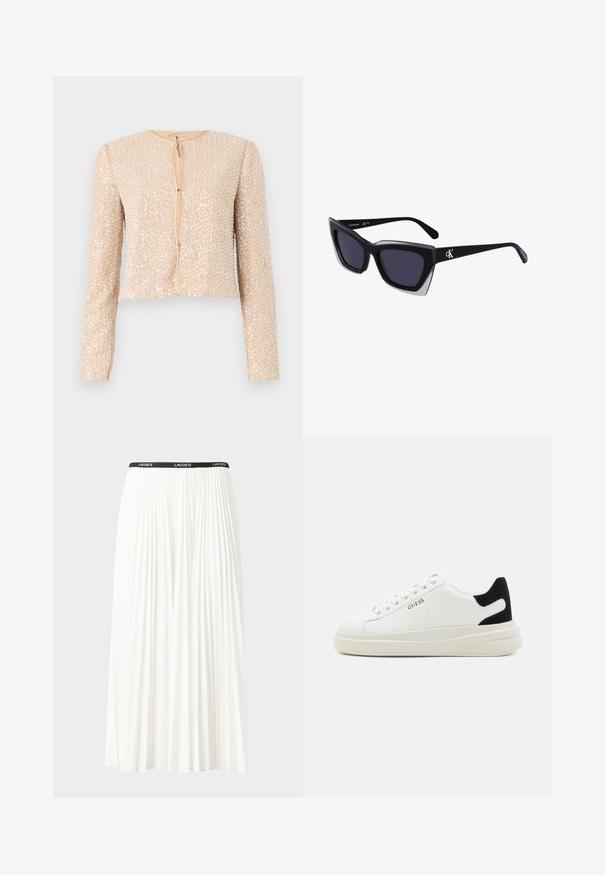 Beige cropped jakke med lange ærmer, dækket af pailletter, med rund halsudskæring og knaplukning foran. Glat indvendig foret.; T-shirt i bomuld med vandrette marineblå striber på en hvid baggrund. "Tommy Hilfiger" broderet i kursiv på brystet. Rund hals.; Plisseret hvid nederdel med en sort elastisk talje, der har "LACOSTE"-logoet. Mellemlang design med blød tekstur.; Hvide lædersneakers med en tyk hvid sål, sort ruskindhælvægt og prægede logoer på siden. Snørebåndsdesign med seks øjer.; Store sorte oversized solbriller med geometrisk form, med mørke linser og en kontrasterende grå detalje på stellet. Logo på armen.; Sølv hoop øreringe med en glat, skinnende overflade. Rundet form, letvægtsdesign med post-back lukning.