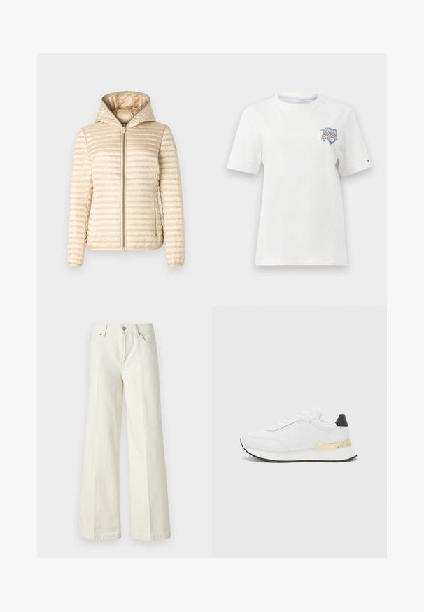 Save the duck ALEXA - Veste mi-saison - shore beige; T-shirt en coton blanc à manches courtes, avec un design brodé en bleu et rouge sur la poitrine et un col rayé.; Jean blanc à jambes larges en tissu mélangé de coton. Caractéristiques : fermeture à glissière, format cinq poches et coutures le long des coutures.; Baskets blanches au fini lisse, avec un accent noir au niveau du talon et un détail métallique doré sur la semelle intermédiaire. Design à lacets, semelle en caoutchouc.