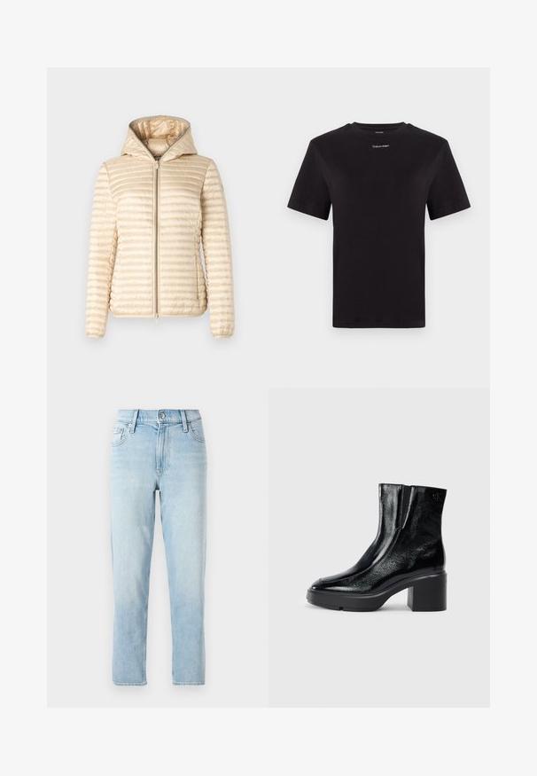 Save the duck ALEXA - Giacca da mezza stagione - shore beige; T-shirt in cotone nero con maniche corte, colletto a girocollo e piccolo logo bianco "Calvin Klein" sul petto. Texture liscia, vestibilità classica.; Jeans in denim azzurro chiaro, design a gamba dritta, vita media, con cinque tasche e chiusura con bottone davanti.; Stivali alla caviglia in pelle verniciata nera con punta curva, pannelli laterali elasticizzati e tacco robusto. Presentano un logo impresso sul retro.