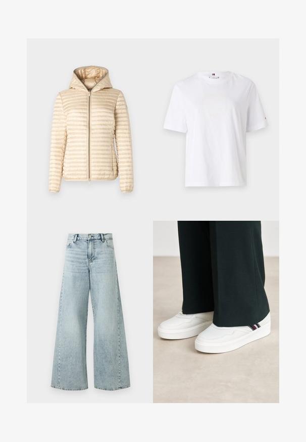 Save the duck ALEXA - Giacca da mezza stagione - shore beige; T-shirt bianco in cotone con scollo rotondo, maniche corte e un discreto logo giallo che recita "HILFIGER NEW YORK 1985." Vestibilità standard.; Jeans in denim azzurro chiaro a gamba larga con vita alta, dotati di chiusura a bottone, cinque tasche e dettagli con orlo sfilacciato.; Sneaker bianche con un finish testurizzato, caratterizzate da una forma bassa, punta arrotondata e un accento striato sul lato. Abbinato a pantaloni scuri.