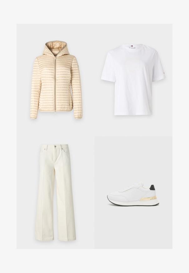 Save the duck ALEXA - Übergangsjacke - shore beige; Weißes Baumwoll-T-Shirt mit Rundhalsausschnitt, kurzen Ärmeln und dezentem gelben Logodesign mit der Aufschrift "HILFIGER NEW YORK 1985." Standardpassform.; Weite weiße Jeans aus einem Baumwollmischgewebe. Verfügt über einen Reißverschluss, ein Fünf-Taschen-Design und Nähte entlang der Säume.; Weißer Sneaker mit einer glatten Oberfläche, ausgestattet mit einem schwarzen Akzent an der Ferse und einem goldenen metallischen Detail an der Zwischensohle. Schnürdesign, gummierte Sohle.