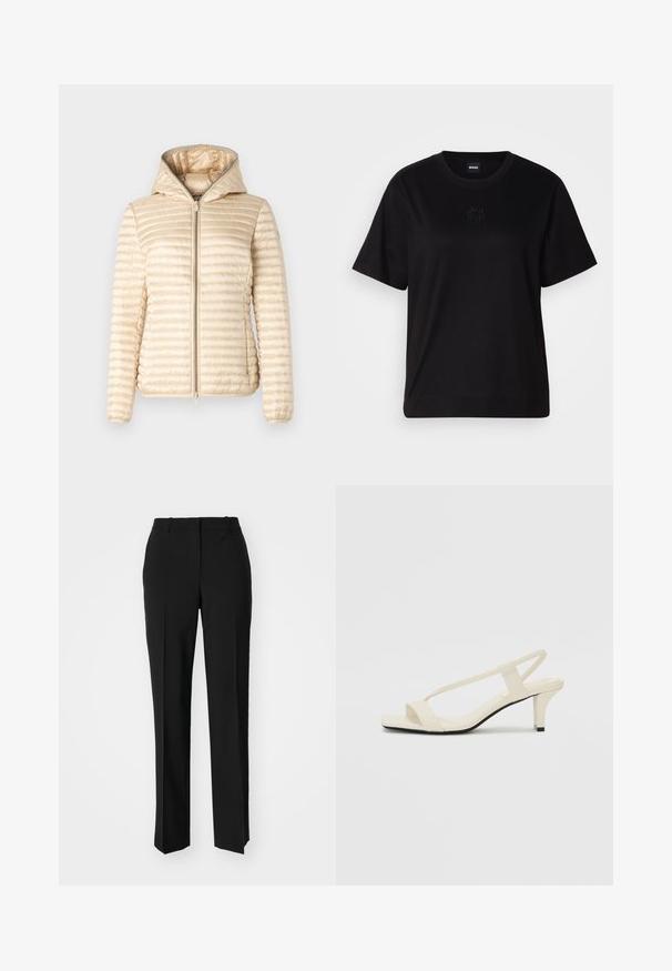 Save the duck ALEXA - Overgangsjakke - shore beige; Sort bomulds t-shirt med rund halsudskæring, korte ærmer og et broderet logo på brystet. Enkel, afslappet pasform uden mønstre.; Sorte skræddersyede bukser med lige ben-design, der har en glat tekstur og skarpe folder langs fronten. Ingen synlige hardware.; Beige blokhælede sandaler med tynde remme og en firkantet tå. Glat materiale med minimal detaljering, designet til nem brug.