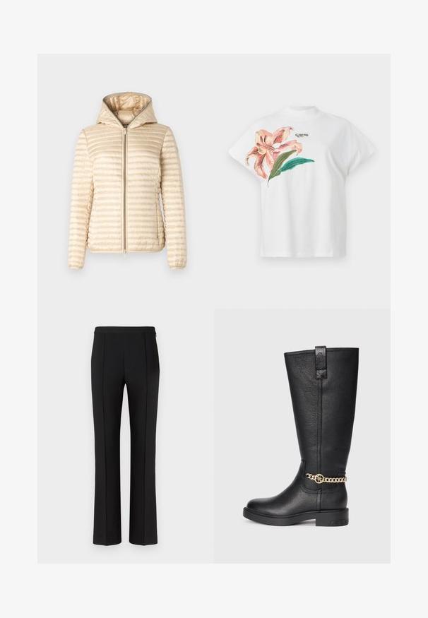 Save the duck ALEXA - Light jacket - shore beige; White cotton T-shirt with short sleeves, featuring a pink floral design and green leaves on the left side. "Guess" logo in gray above the design.; Black tailored trousers with a smooth texture, featuring a straight-leg cut, centered front pleats, and a minimalist waistband design.; Black leather knee-high boot with a textured finish, featuring a decorative gold chain accent and a flat rubber sole.