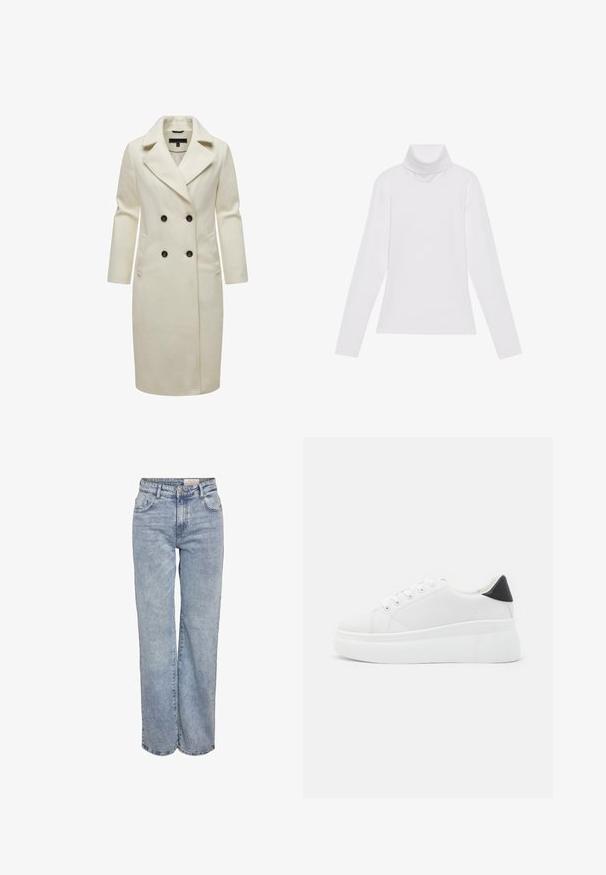 Grietos spalvos dvigubos krūtinės paltas, pagamintas iš minkštos medžiagos, su įpjovimu apykakle, dviem priekiniams kišenėms ir juodais mygtukais.; Baltas ilgomis rankovėmis turtleneko tipo marškinėliai, pagaminti iš lygaus, tamprus audinys. Yra aukštas apykaklė ir prisitaikantis dizainas, be matomų raštų ar papuošimų.; Šviesiai mėlyni plačios kojų džinsai, pagaminti iš džinsinio audinio, pasižymintys aukštu liemeniu, penkių kišenių dizainu ir subtiliu blukimu, kad atrodytų jau dėvėti.; Balti platforminiai sportbačiai, pagaminti iš lygios sintetinio audinio, su apvaliu pirštu, raištelių užsegimu ir tekstūruota guma padanga. Juodas kulno akcentas.