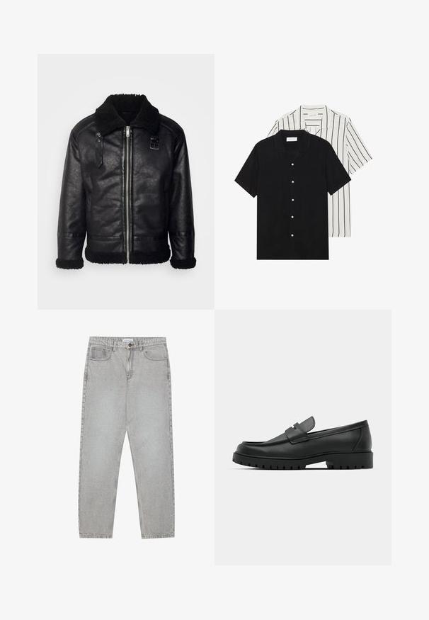 Lindbergh FAUX SHEARLING JACKET - Μπουφάν από συνθετικό δέρμα - black; Δύο κοντομάνικα πουκάμισα: ένα εντελώς μαύρο και ένα λευκό με μαύρες κάθετες ρίγες. Και τα δύο διαθέτουν κλείσιμο με κουμπιά και κλασικό γιακά.; Ανοιχτό γκρι τζιν παντελόνι με ίσια γραμμή, πέντε τσέπες και κλείσιμο με κουμπί. Ορατές ραφές κατά μήκος των ραφών.; Μαύρα δερμάτινα λουστρίνια με στρογγυλή μύτη, που διαθέτουν ραμμένο σχέδιο, χαμηλή πλατφόρμα και υφή με λαστιχένια σόλα με προεξοχές.