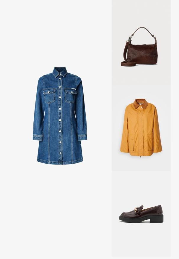 Žltá ľahká bunda s hnedým károvaným golierom, dvoma prednými vreckami a rovno strihaním. Hladká látka s minimálnymi švíkami.; Džínová košele šaty, dlhé rukávy, zapínanie na gombíky, dve náprsné vrecká, klasický golier, stredne modrá farba a svetlé švy.; Hnedé kožené loafery s zlatým akcentom v podobe spony, čierny blokový podpätok a hladká textura. Bočný pohľad ukazuje zaoblenú špičku a prešívanie.; Hnedá kožená kabelka s mäkkým, textúrovaným povrchom podobným kožušine, štíhlym dizajnom, krátkou rukoväťou a odnímateľným popruhom.