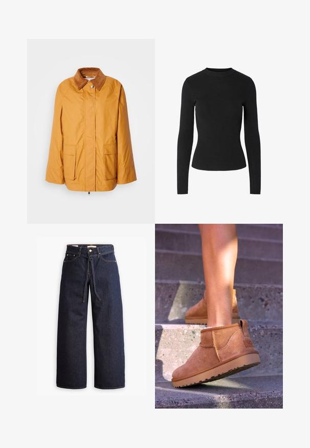 Veste légère jaune avec un col en velours côtelé marron, deux poches avant et une coupe droite. Tissu lisse avec des détails de couture minimaux.; Pull noir côtelé à manches longues avec un col rond et une silhouette ajustée, présentant une texture lisse sur toute la surface.; Jeans en denim bleu foncé à jambes larges, avec une taille haute, dotés d'un lien à cordon, de cinq poches et de détails de couture contrastants.; Bottines en suede beige avec une texture douce, des détails cousus et une semelle en caoutchouc, dotées d'un talon en boucle pour un enfilage facile.