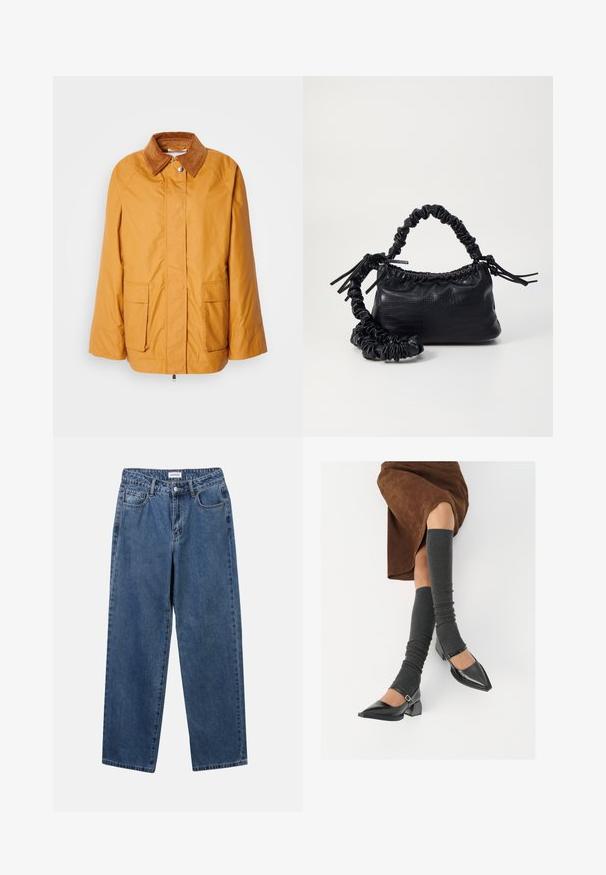 Gul letvægtsjakke med en brun kordfløjlskrage, to forlommer og lige snit. Glat stof med minimale syningsdetaljer.; Hvid skjorte med knapper lavet af glat bomuld, der har en klassisk krave, lange ærmer og en buet kant. Knapperne er små og hvide.; Klassiske blå denimbukser med lige ben, fem lommer og knaplukning. Har en medium vask og en robust tekstur.; Sorte patenterede lædersko med spids tå, blokhæl og ankelrem, kombineret med grå ribbede benvarmere og en brun ruskinds nederdel.; Sort kunstlæder håndtaske med krokodilteksur, indsnøret top og en sammenkrøben rem. Ser blød og kompakt ud i designet.