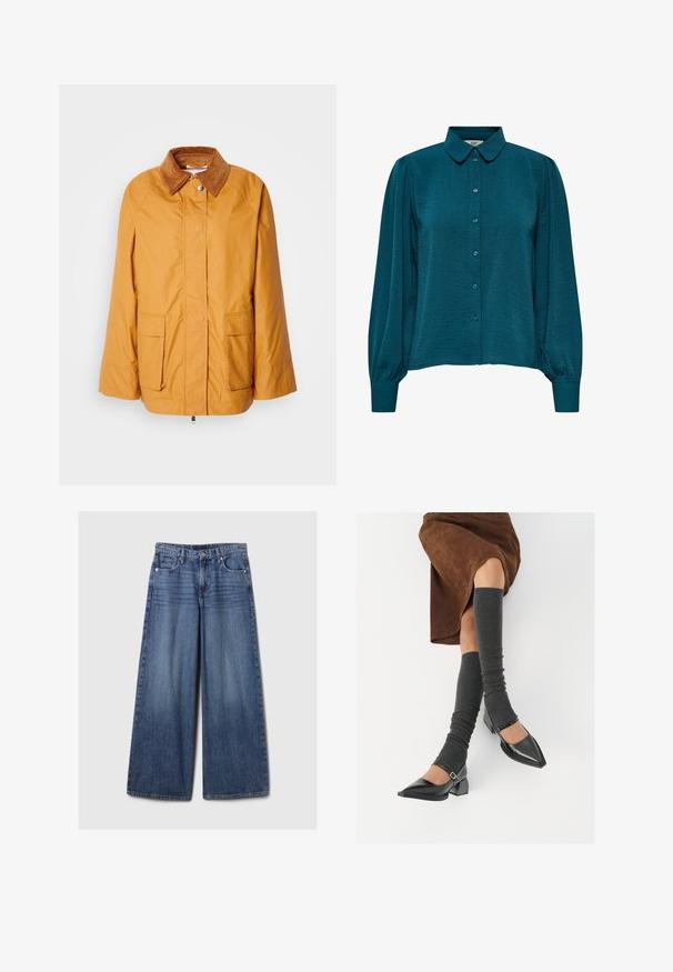 Yellow lightweight jacket with a brown corduroy collar, two front pockets, and a straight cut. Smooth fabric with minimal stitching details.; Teal blouse with a collared neckline, button front, and long sleeves. Made from textured fabric with gathered cuffs.; Wide-leg blue denim jeans with a faded finish, featuring a button and zipper closure, five pockets, and belt loops.; Black patent leather pointed-toe shoes with a block heel and ankle strap, paired with gray ribbed leg warmers and a brown suede skirt.