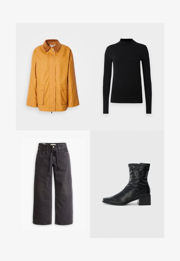 Gul letvægtsjakke med en brun kordfløjlskrage, to forlommer og lige snit. Glat stof med minimale syningsdetaljer.; Sort langærmet turtleneck skjorte lavet af glat stof; tætsiddende design med høj krave og ingen synlige sømme. Enkel, ensfarvet.; Sorte vide ben jeans lavet af denim, med snørre i taljen, fem lommer og detaljer med kontrastsyninger. Flad frontdesign.; Sort læderstøvle til midten af læggen med firkantet tå, lynlås på siden og blokhæl på en ensfarvet hvid baggrund.