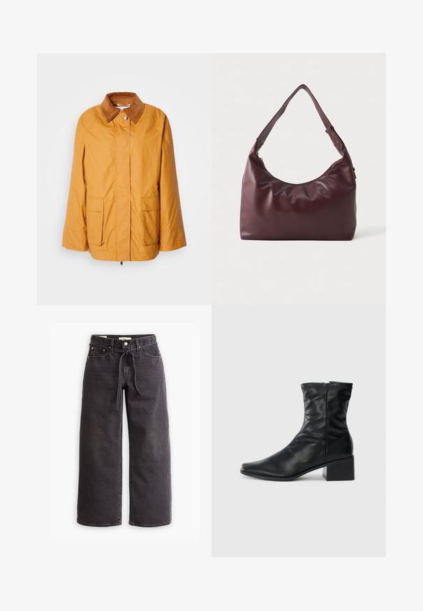 Gelbe leichte Jacke mit einem braunen Cordkragen, zwei Fronttaschen und geradem Schnitt. Glattes Material mit minimalen Nähdetails.; Schwarzes Langarm-Turtleneck-Shirt aus glattem Stoff; figurbetontes Design mit hohem Kragen und ohne sichtbare Nähte. Einfache, einfarbige Ausführung.; Schwarze, weit geschnittene Jeans aus Denim mit einem Zugbandbund, fünf Taschen und kontrastierenden Nahtdetails. Flacher Frontschnitt.; Schwarze Lederstiefelette bis zur Wade mit quadratischer Zehenform, seitlichem Reißverschluss und Blockabsatz auf einem schlichten weißen Hintergrund.; Glatte bordeauxrote Leder-Schultertasche mit verstellbarem Riemen und Reißverschluss, vor einem schlichten weißen Hintergrund präsentiert.