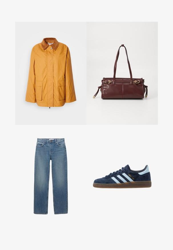 Jachetă galbenă ușoară, cu guler din catifea călduță maro, două buzunare frontale și croială dreaptă. Material neted cu detalii de cusătură minime.; Top alb cu mânecă lungă, realizat dintr-un material cu nervuri, având un guler rotund și un sistem de închidere cu șase butoane transparente.; Jeans din denim albastru deschis cu croială dreaptă, cinci buzunare și accesorii de nuanță cupru. Materialul are o ușoară decolorare și o textură netedă.; Adidași din suede bleumarin cu dungi albastre deschise, talpă din gumă, tabul de călcâi bleu deschis și branding-uri aurii "Spezial" pe lateral.; Geantă de mână din piele burgundy, cu două bretele pentru umăr, accesorii din metal auriu și închidere cu fermoar. Prezintă o textură netedă și detalii de cusătură subtile.